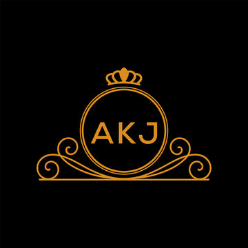 AKJ Luxury Monogram Logo Design with Crown and Swirl Ornament. AKJ Royal Elegant Initial Emblem.
