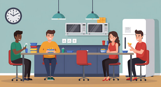 Happy Coworkers Enjoying Lunch Break Together in Office Break Room