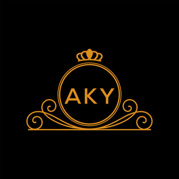 AKY Luxury Monogram Logo Design with Crown and Swirl Ornament. AKY Royal Elegant Initial Emblem.
