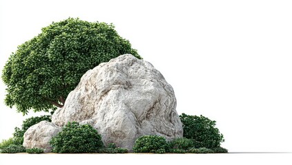Large rock, lush greenery, isolated