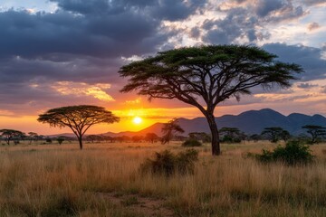 African savanna sunset with trees and mountains landscape view