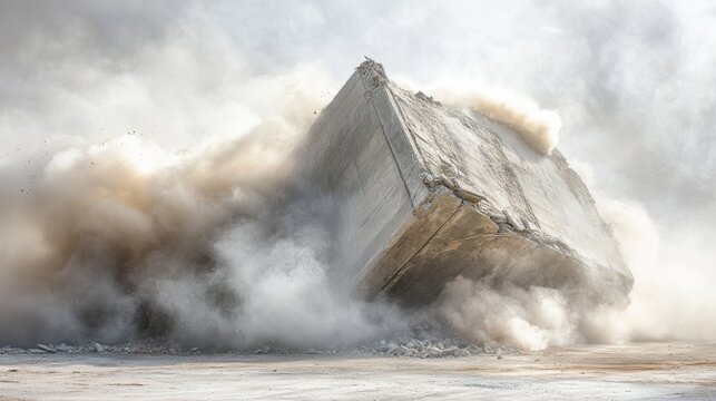 Concrete structure demolition in progress, filled with debris and dust.