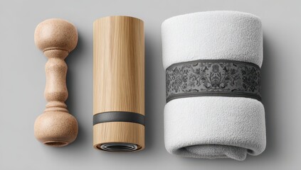 Wooden baby rattle, bamboo cylinder, and a folded white towel with a dark band