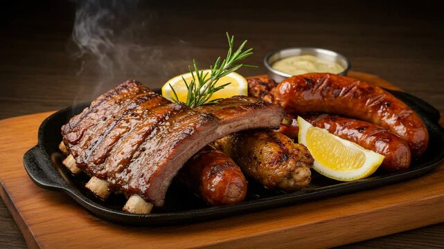 Grilled meat platter with sausages
