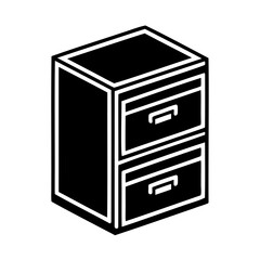 Isometric illustration of a two-drawer cabinet presented in a stark black and white design