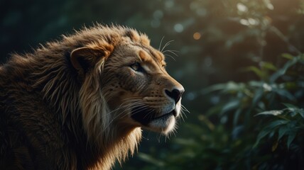 Obraz premium Majestic lion profile in sunlit forest