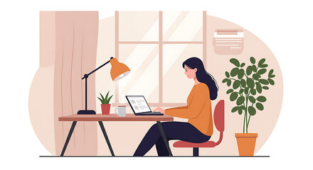Woman Working From Home at Desk with Laptop, Plants, and Natural Light