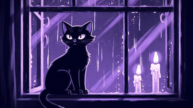 black cat on window . lo-fi art, It's a rainy night and a black cat is looking out the window and listening to the rain. purple color, candles, lights, lo-fi, lo-fi, lo-fi art, animation