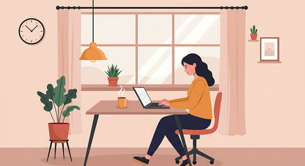 Woman Working From Home in Cozy Home Office Setting