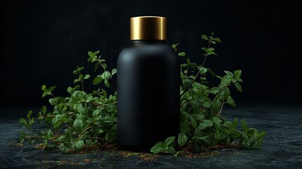 A luxurious black bottle surrounded by fresh mint creates an elegant herbal aromatic essence with