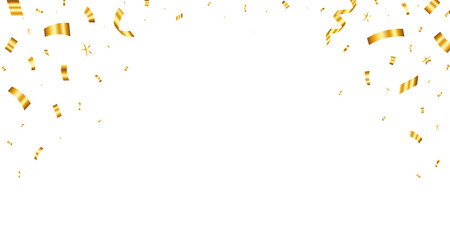 Gold confetti. Falling shiny golden confetti isolated on transparent background. Bright festive tinsel of gold color. Birthday party backdrop. Holiday design elements. Vector illustration