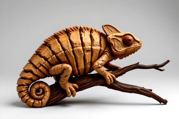 "chameleon" – body segmented like stacked driftwood chips, tail spiraling. the eye swivels as a lone burl on a twig stalk.