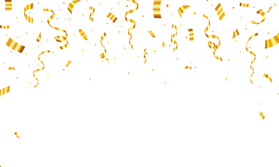 Gold confetti and ribbon, Luxury celebration confetti isolated vector. Anniversary celebration banner. Bright festive tinsel. Birthday party backdrop. Holiday design elements. Vector illustration
