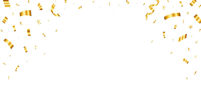 Gold confetti. Falling shiny golden confetti isolated on transparent background. Bright festive tinsel of gold color. Birthday party backdrop. Holiday design elements. Vector illustration