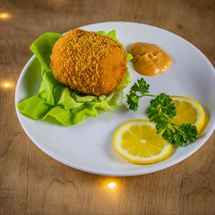 Golden-brown kroket served with fresh lemon, parsley, and a dollop of sauce. A tasty Dutch treat
