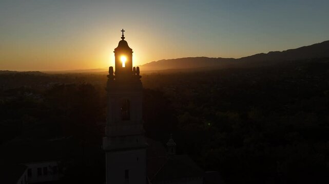 Saint Anthony&rsquo;s Seminary Santa Barbara California tower sunset sunburst 4k aerial drone video