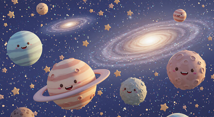 Adorable Cartoon Planets Galaxy Background Cute Space Illustration for Kids