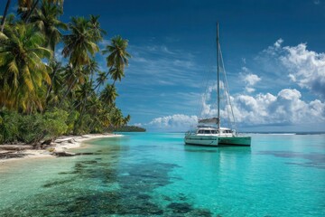 A sailboat is floating in the ocean near a beach
