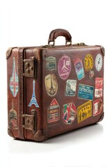 A brown suitcase with many stickers on it