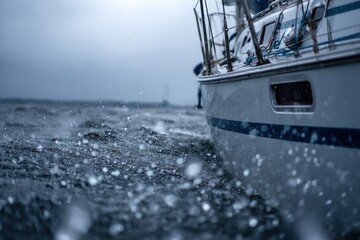 A boat is in the water with rain falling on it