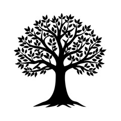 Silhouette of a mature tree with lush leaves on a white background for design