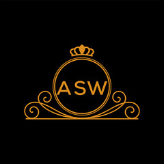 ASW Luxury Monogram Logo Design with Crown and Swirl Ornament. ASW Royal Elegant Initial Emblem.
