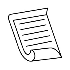 Simple black and white sketch of a rolled up paper document with lines on white background