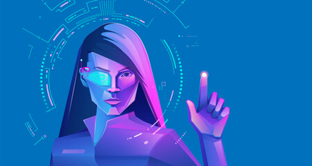 concept of VR; virtual reality technology or augmented reality gaming, graphic of futuristic girl with vr glasses using interface