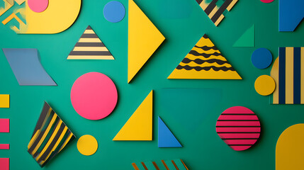 Colorful Geometric Shapes Arranged on a Green Background