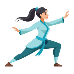 Vector Illustration of a Woman Practicing Tai Chi in Traditional Uniform, Side View, Dynamic Martial Arts Pose on Transparent Background