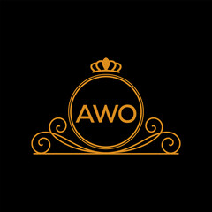 AWO Luxury Monogram Logo Design with Crown and Swirl Ornament. AWO Royal Elegant Initial Emblem.
