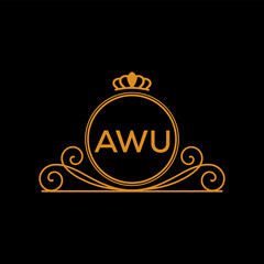 AWU Luxury Monogram Logo Design with Crown and Swirl Ornament. AWU Royal Elegant Initial Emblem.
