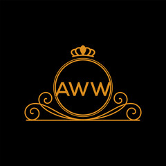 AWW Luxury Monogram Logo Design with Crown and Swirl Ornament. AWW Royal Elegant Initial Emblem.
