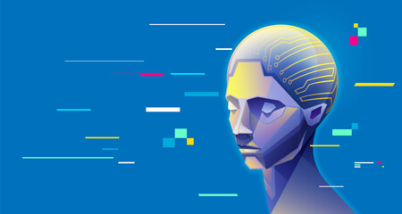 graphic of AI artificial intelligence head presented in cyberpunk vivid colour 