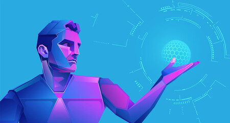 concept of VR virtual reality technology or quantum computing, graphic of futuristic man  using interface