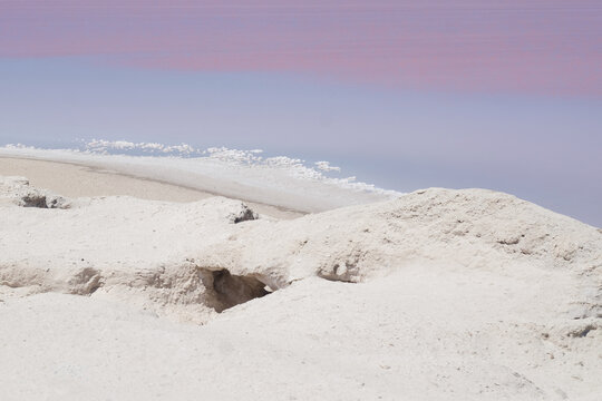 Pink Lake Shoreline with White Dunes