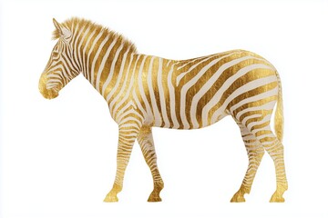 Fototapeta premium Golden zebra with stripe detailing on solid white background, stylish wildlife art, luxury animal illustration