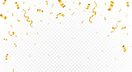 Abstract background party celebration gold confetti. Anniversary celebration banner. Bright festive tinsel. Birthday party backdrop. Holiday design elements. Vector illustration