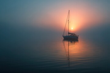 A boat is floating on a calm lake at sunset