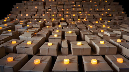 Fototapeta premium Candlelit Boxes: An intriguing composition of numerous cardboard boxes, each topped with a flickering candle, creates a warm, inviting glow in the dimly lit space.
