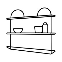 Minimalist outline illustration of kitchen shelves with decorative items and essential utensils