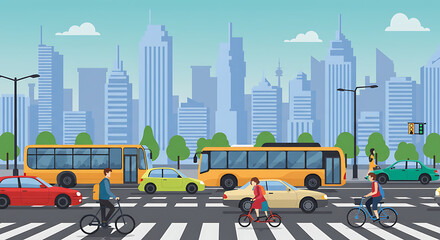 Cityscape Illustration Urban Street Scene with Buses, Cars, and Cyclists Crossing