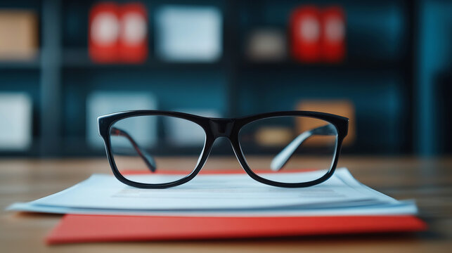 Black Eyeglasses on Documents with Blurred Background of Office Shelves and Red Folders