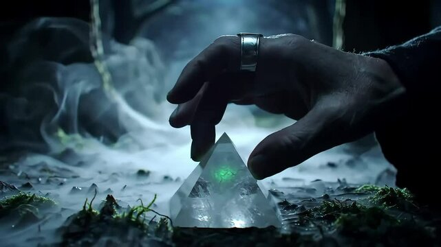occult science and supernatural concept - hand with pyramid performing magic ritual in forest