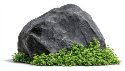 Dark gray boulder with green plants