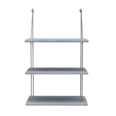 hanging wall shelf with three rustic wooden boards and metal supports