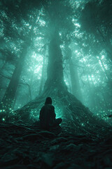 Person sits alone under giant glowing tree in mystical foggy forest, feeling enchanted