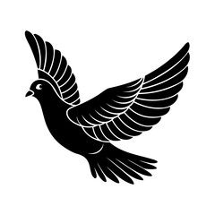 Black and white illustration of a flying dove symbolizing peace and serenity against a white background