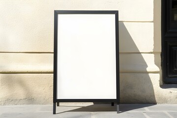 Sidewalk Showcase: White Blank Sandwich Board Sign Against Stucco Wall