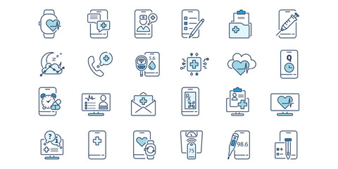 Health icon collection with digital tools for patient support. Medical interface elements doctor chat, telemedicine,  monitoring app features. Line symbols for care system. Vector illustration.